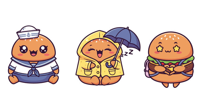 Cute cartoon food characters with different outfits and expressions.