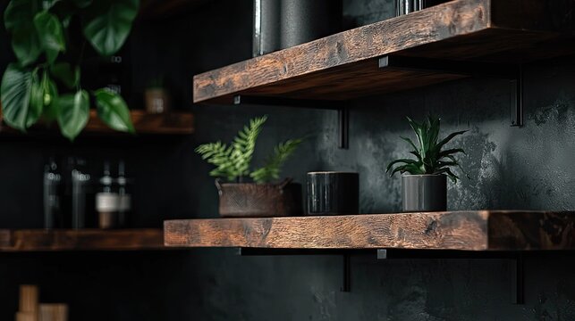 Rustic wooden shelves display assorted potted plants against a dark textured wall