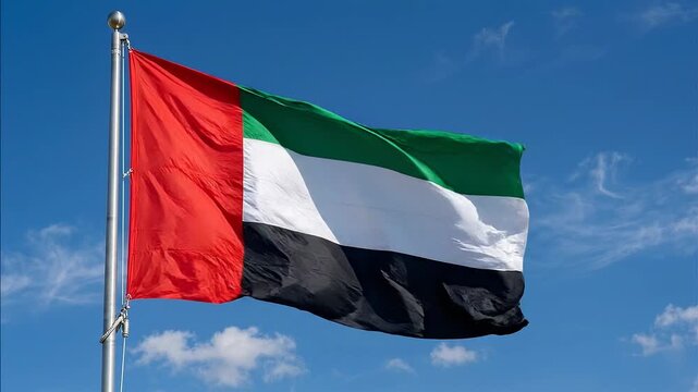 United Arab Emirates flag waving proudly against a clear blue sky with clouds