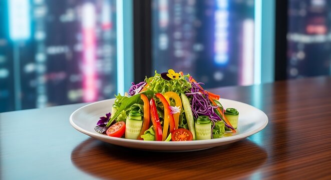Fresh vegetable garden salad on plate with blurred city skyline background