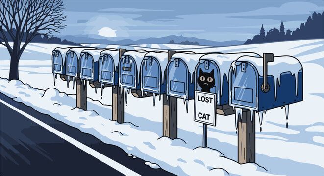 A black cat peeks out from a snow-covered mailbox next to a row of similar boxes in a winter landscape