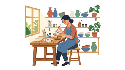 Fototapeta premium Woman artist painting pottery at a wooden table in a bright studio with shelves full of ceramics and plants