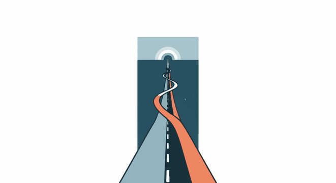 A stylized road with contrasting colored lanes diverges towards a distant, abstract horizon