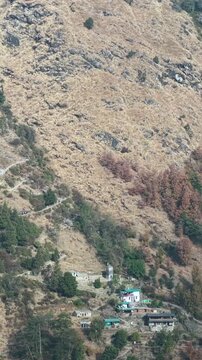 Vertical Aerial View of Himalayan Village near Deoria Tal Uttarakhand India