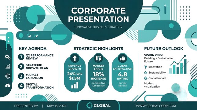 Corporate presentation innovative business strategy key agenda strategic highlights future outlook.