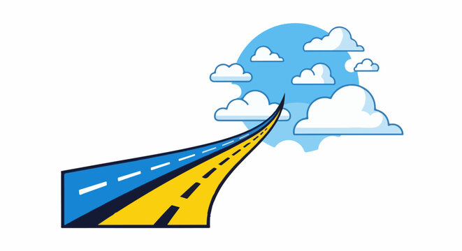 A stylized road ascends into a sky with clouds