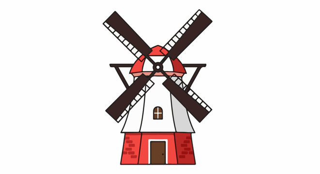 A cartoon-style, traditional windmill with red brick base and white body, featuring dark brown sails