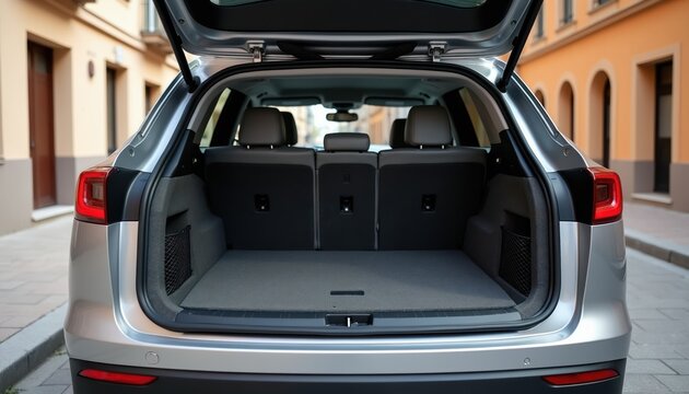 Open trunk of silver car. Back of auto with open boot, empty space inside. Modern crossover vehicle parked on city street. Ready for travel or cargo transport.