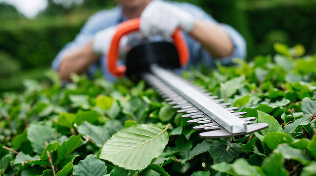 Gardener Trimming Green Hedge with Electric Hedge Trimmer