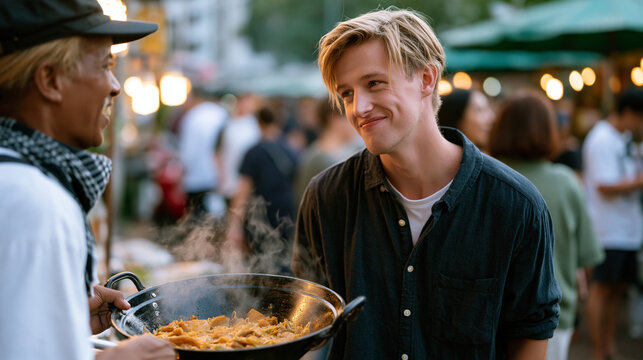 British tourist miming ordering vegetarian food to Thai street vendor who interprets request as specific regional dish, both laughing at resulting confusion, vendor lifting lid of wrong pot triumpha