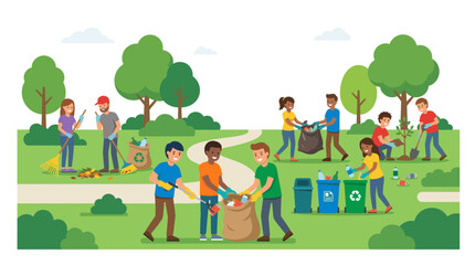 Fototapeta premium Diverse group of people cleaning up a park collecting trash in bags and recycling bins promoting environmental awareness and community service