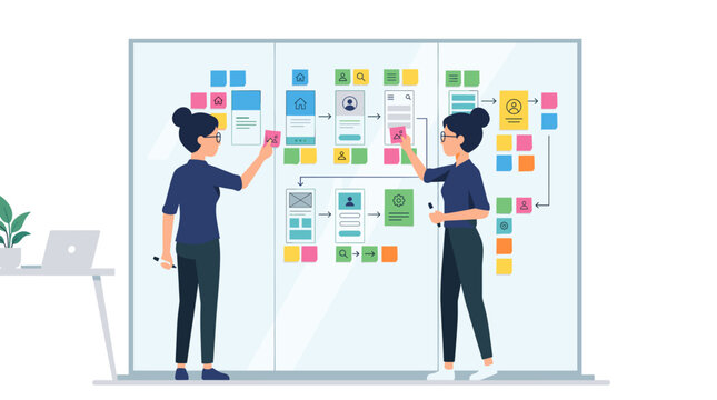 Two women collaborating on a large whiteboard with sticky notes and flowcharts, planning a project or strategy