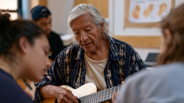 Elderly Bolivian charango player teaching workshop inside Brooklyn community center, students leaning forward with unfamiliar instruments, callus maps drawn on hand diagram taped to wall beside trad