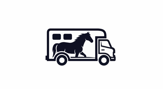 A stylized silhouette of a horse being transported inside a trailer