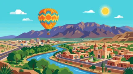 Fotobehang Turkoois A vibrant flat design illustration capturing the breathtaking mass ascension of hot air balloons against a landscape of the New Mexico desert. This minimalist 2D artwork depicts the iconic Albuquerque  © abecede11