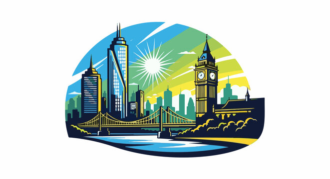 Stylized city skyline with iconic tower, bridge, and modern skyscrapers under a bright, rayed sun