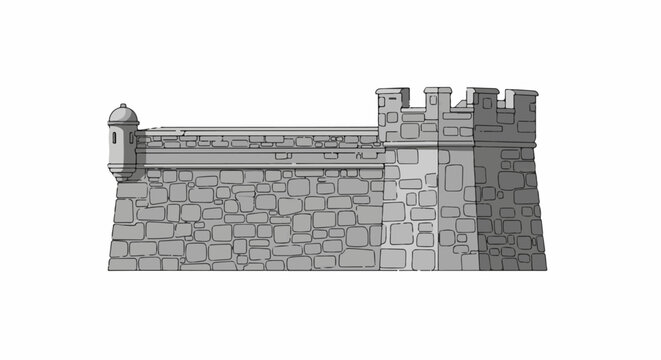 Gray stone fortress with turrets and battlements, starkly outlined against a white background
