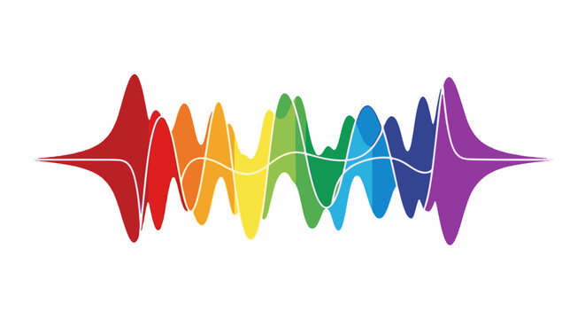 A stylized rainbow-colored audio waveform visualization against a white background