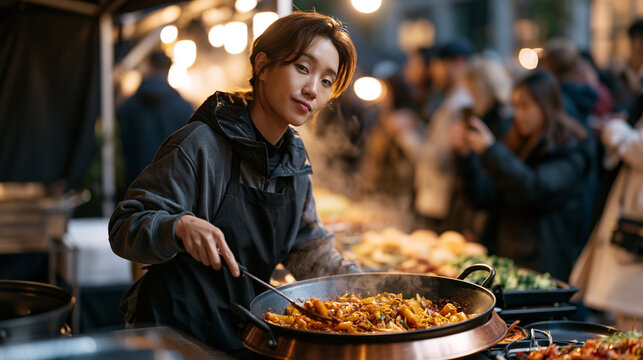 Korean street food vendor serving tteokbokki at mainstream urban night market surrounded by taco and burger stalls, long queue of unfamiliar customers photographing dish before eating, cultural prid