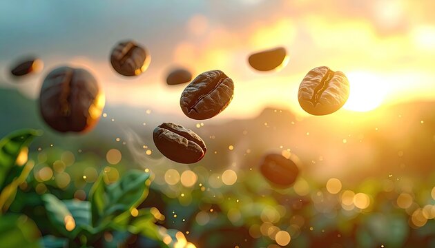 Coffee Beans Falling in Sunrise with Bokeh Effect
