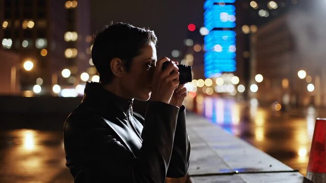 Woman photographer takes pictures with digital camera at night. Young female wears leather jacket in city. Photographer holds camera near lights. Woman looks through camera on urban night street.