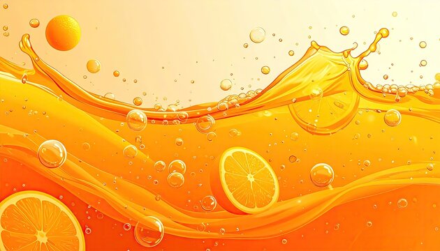 Fresh Orange Juice Splash with Sliced Oranges and Bubbles