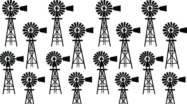 Rural Windmill Silhouette Vector Collection Set with Farm Water Pump Towers Isolated Black Agricultural Icons