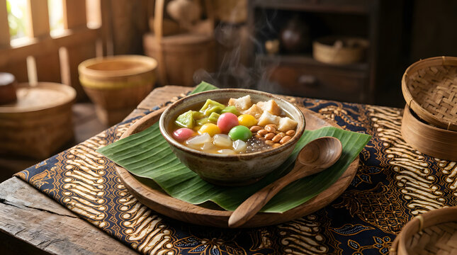 Traditional indonesian wedang ronde ginger soup served in a rustic ceramic bowl with colorful rice balls and roasted peanuts inside