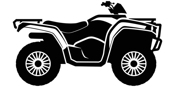Black Silhouette of a Four- Wheeled All- Terrain Vehicle ATV on White Background Keywords: ATV, all-terrain vehicle, quad bike