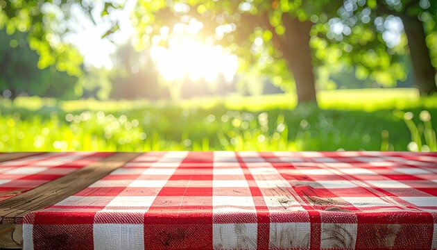 Picnic Table with Red and White Checkered Tablecloth in Sunlit Park