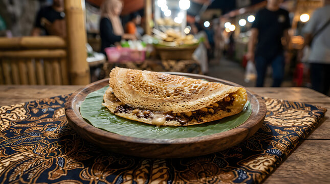 Traditional indonesian leker pancake filled with sweet chocolate and crunchy peanuts served on a rustic wooden plate at night market