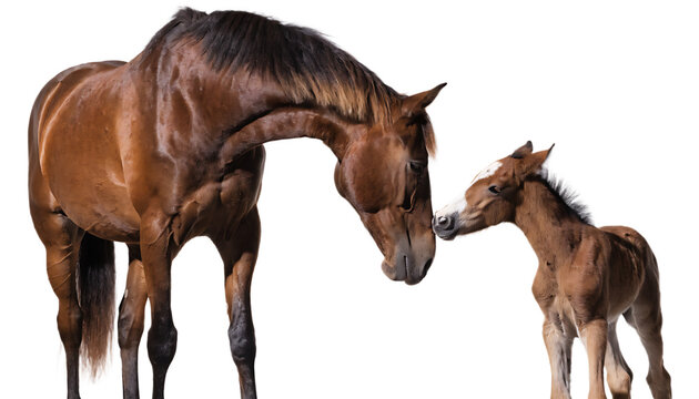 A brown mare horse gently touching noses with her young foal against a white background portrait isolated background touching affection domestic equestrian together horseback
