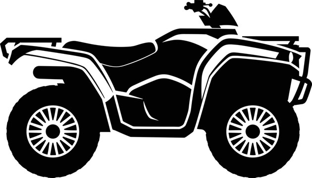 Black Silhouette of a Four- Wheeled All- Terrain Vehicle ATV on White Background Keywords: ATV, all-terrain vehicle, quad bike