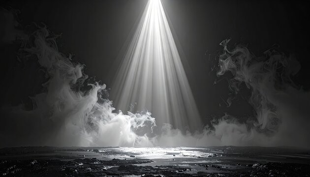 Dramatic black and white landscape with spotlight and fog effects