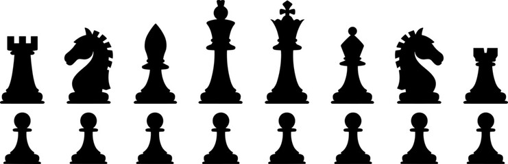 Black Silhouettes of Chess Pieces in Two Rows on White Background Keywords: chess, game, strategy, board game, pieces, king, queen, rook © MdMirajul