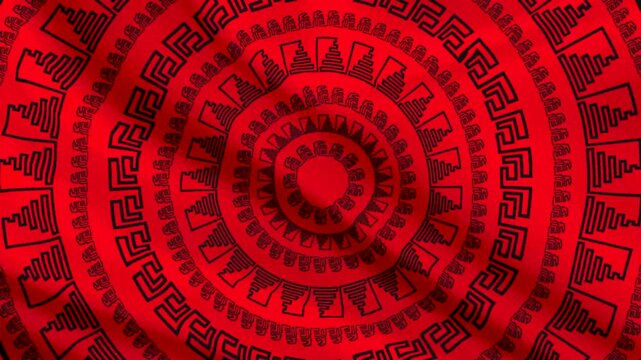 Seamless loop animation of an abstract ancient tribal ethnic ornament with black geometric symbols realistically waving on a red silk fabric background.