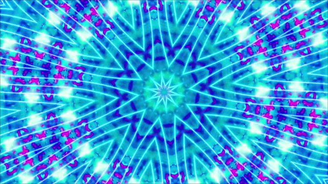 "Abstract kaleidoscope seamless loop background, colorful symmetrical mandala patterns and psychedelic motion graphics for VJ and backdrop."
