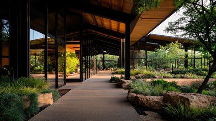 Obraz premium Modern architectural structure seamlessly integrates with a lush, xeriscaped outdoor environment