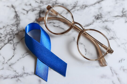 Top view of a blue awareness ribbon resting on glasses frame on marble surface. Sophisticated men's health and vision care concept
