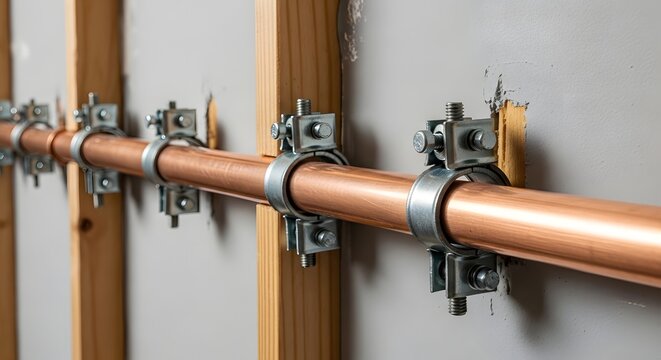 Copper water pipe running horizontally, fixed to wooden wall studs using metal clamps, showcasing neat plumbing work for residential building, close up.