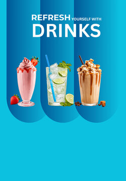 Refresh Yourself with Drinks Poster - Strawberry Milkshake, Mojito and Caramel Frappe