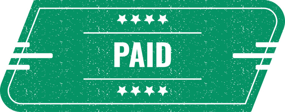 Green grunge paid label with stars for business payments and financial transactions on plain surfaces