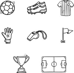Soccer Equipment Collection Black And White Vector Illustration With Outlined Style ball © Kamrun