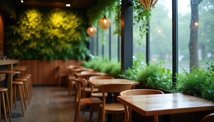 Obraz premium Interior of cafe with wooden tables chairs and abundant green plants. Big window shows rain outside creating calm cozy atmosphere. Perfect for relaxation and coffee break.