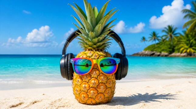 Pineapple with sunglasses and headphones on beach. Tropical summer vacation.