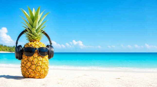 Pineapple with sunglasses and headphones on beach. Tropical summer vacation.