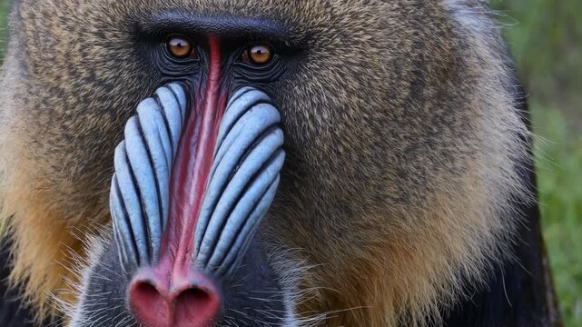Close-up of baboon with detailed facial features. Majestic animal displays vibrant colors in natural habitat. Wildlife photography captures essence of nature.