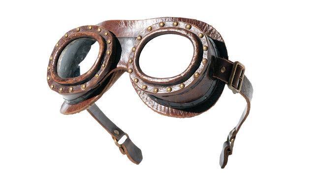 Vintage steampunk style leather aviator goggles retro protective eyewear with steampunk protective accessory adjustable explorer adventurer historical protection equipment isolated