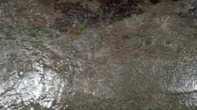 A direct view of the summer torrential rain falling on the street.