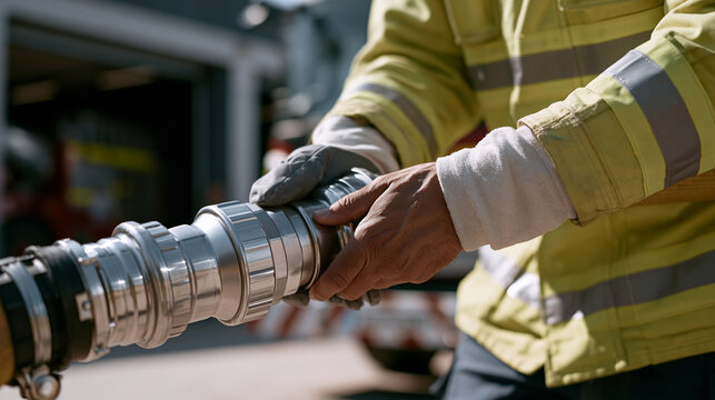 Volunteer firefighter performing hose connection drill in station forecourt under harsh midday sun, close up hands coupling storz fitting to appliance outlet, protective gloves worn, engine bay door